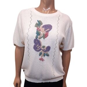 💠VINTAGE 80s Floral Embroidered Eyelet Bubble Hem Sweater Short Sleeve Granny